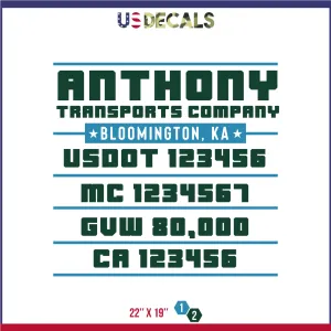 Company Name 2 Lines   5 Location Or Regulation Numbers Truck Lettering Decal (USDOT, MC, GVW, CA), 2 Pack