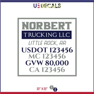 Company Name 2 Lines   5 Location Or Regulation Numbers Truck Lettering Decal (USDOT, MC, GVW, CA), 2 Pack