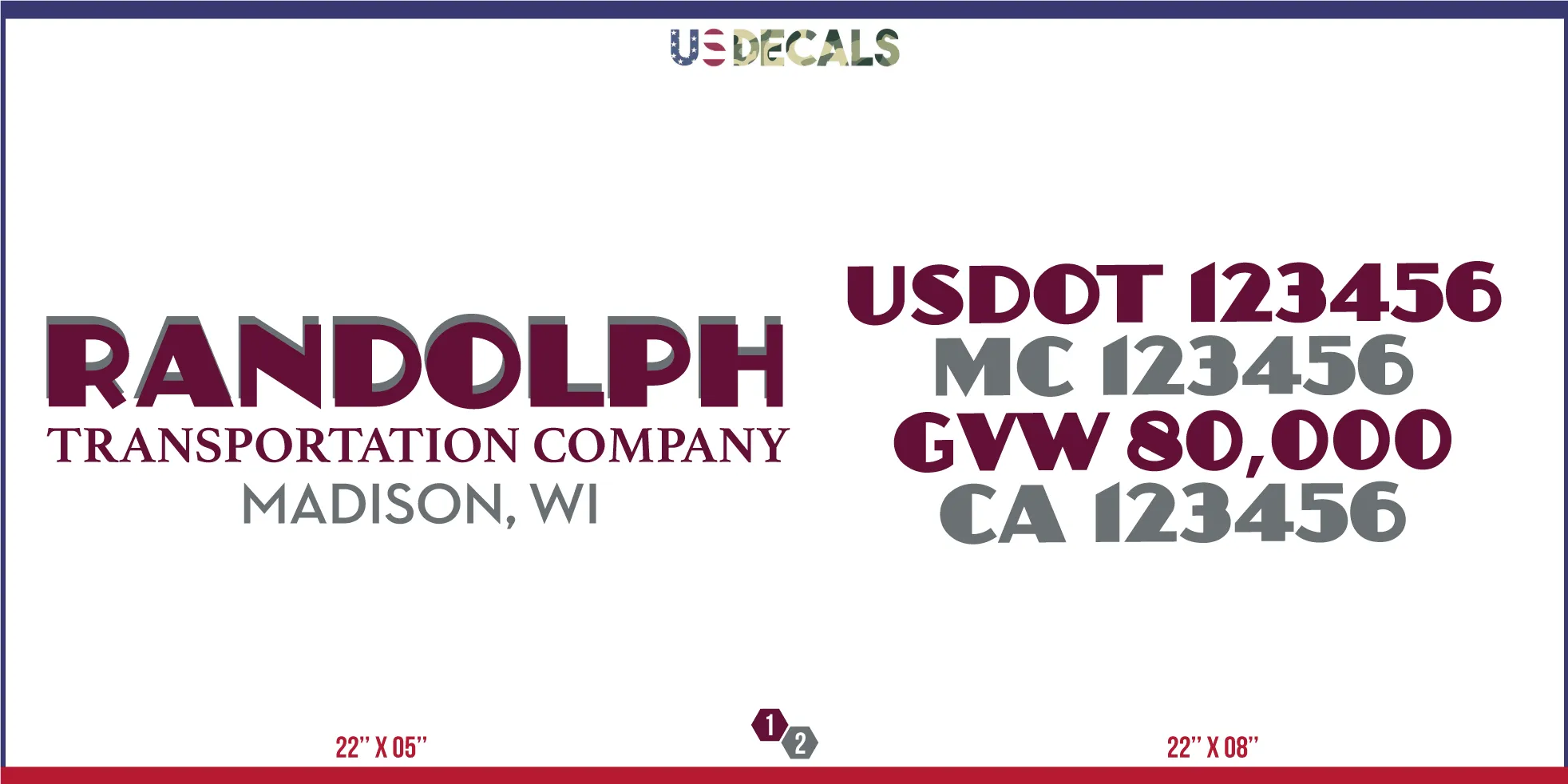 Company Name 2 Lines   5 Location Or Regulation Numbers Truck Lettering Decal (USDOT, MC, GVW, CA), 2 Pack