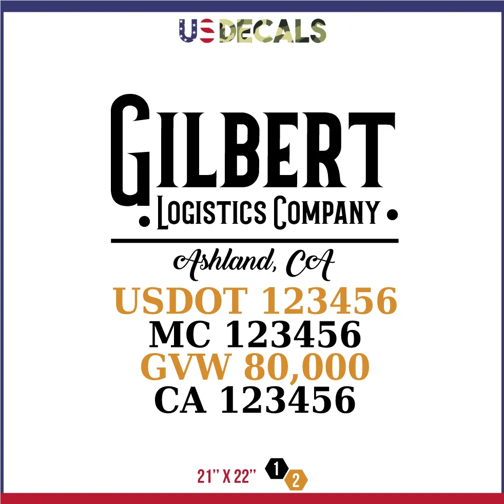 Company Name 2 Lines   5 Location Or Regulation Numbers Truck Lettering Decal (USDOT, MC, GVW, CA), 2 Pack