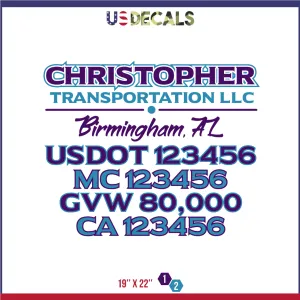 Company Name 2 Lines   5 Location Or Regulation Numbers Truck Lettering Decal (USDOT, MC, GVW, CA), 2 Pack