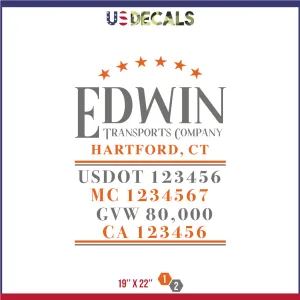 Company Name 2 Lines   5 Location Or Regulation Numbers Truck Lettering Decal (USDOT, MC, GVW, CA), 2 Pack