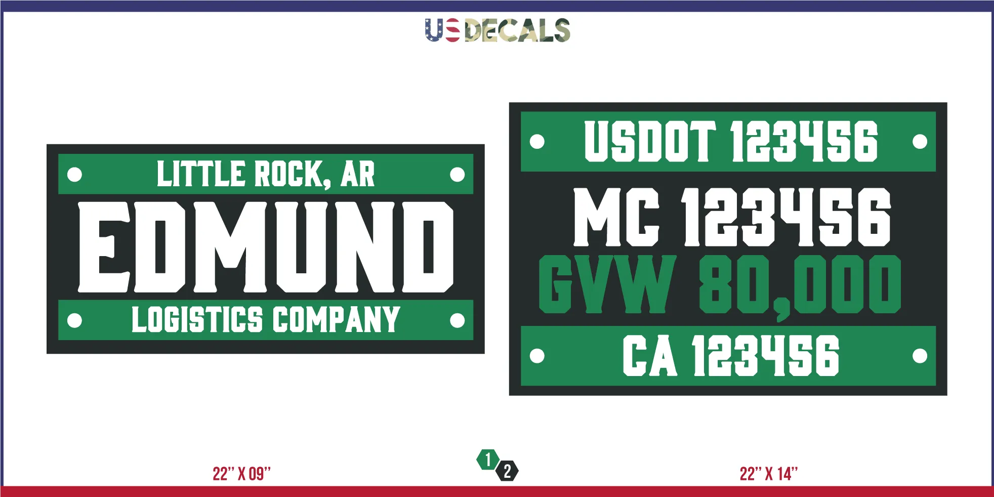 Company Name 2 Lines   5 Location Or Regulation Numbers Truck Lettering Decal (USDOT, MC, GVW, CA), 2 Pack
