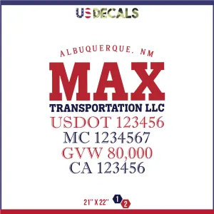 Company Name 2 Lines   5 Location Or Regulation Numbers Truck Lettering Decal (USDOT, MC, GVW, CA), 2 Pack