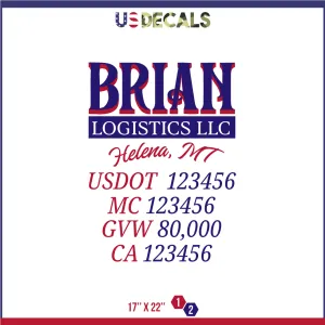 Company Name 2 Lines   5 Location Or Regulation Numbers Truck Lettering Decal (USDOT, MC, GVW, CA), 2 Pack