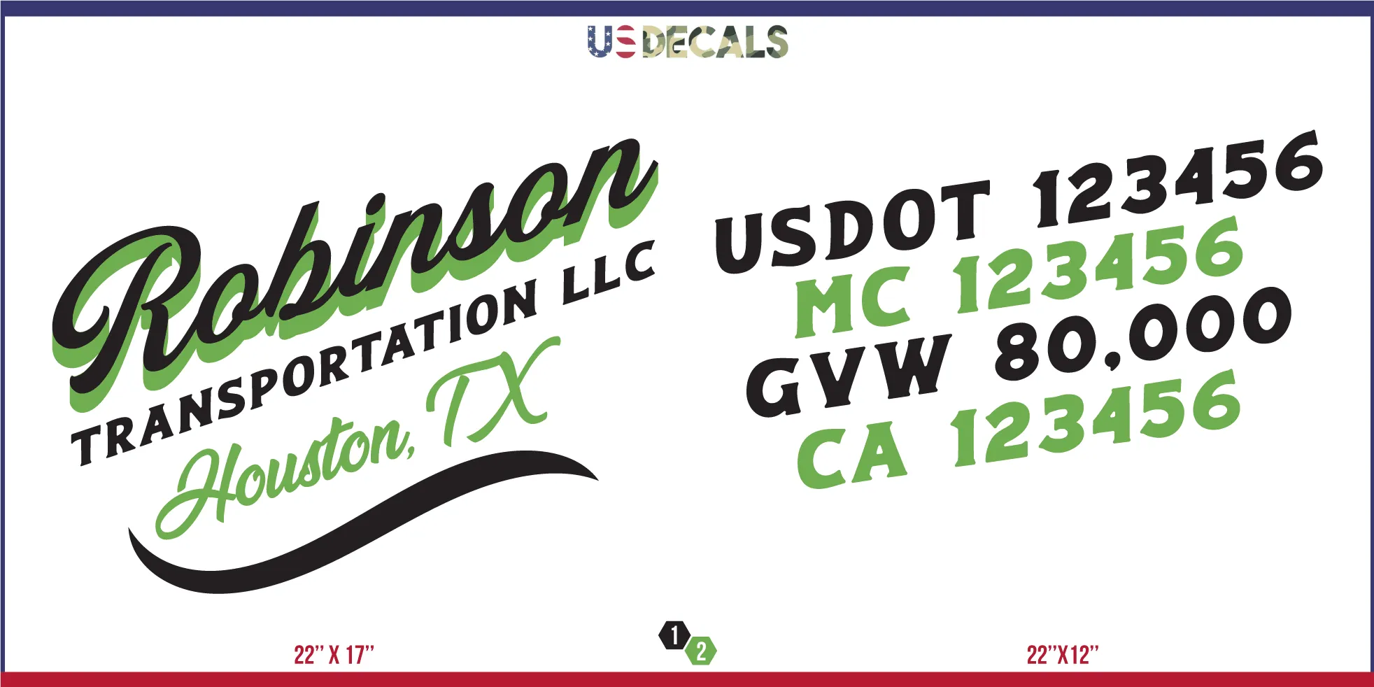 Company Name 2 Lines   5 Location Or Regulation Numbers Truck Lettering Decal (USDOT, MC, GVW, CA), 2 Pack
