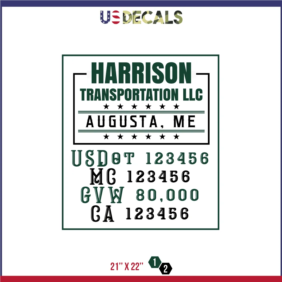 Company Name 2 Lines   5 Location Or Regulation Numbers Truck Lettering Decal (USDOT, MC, GVW, CA), 2 Pack