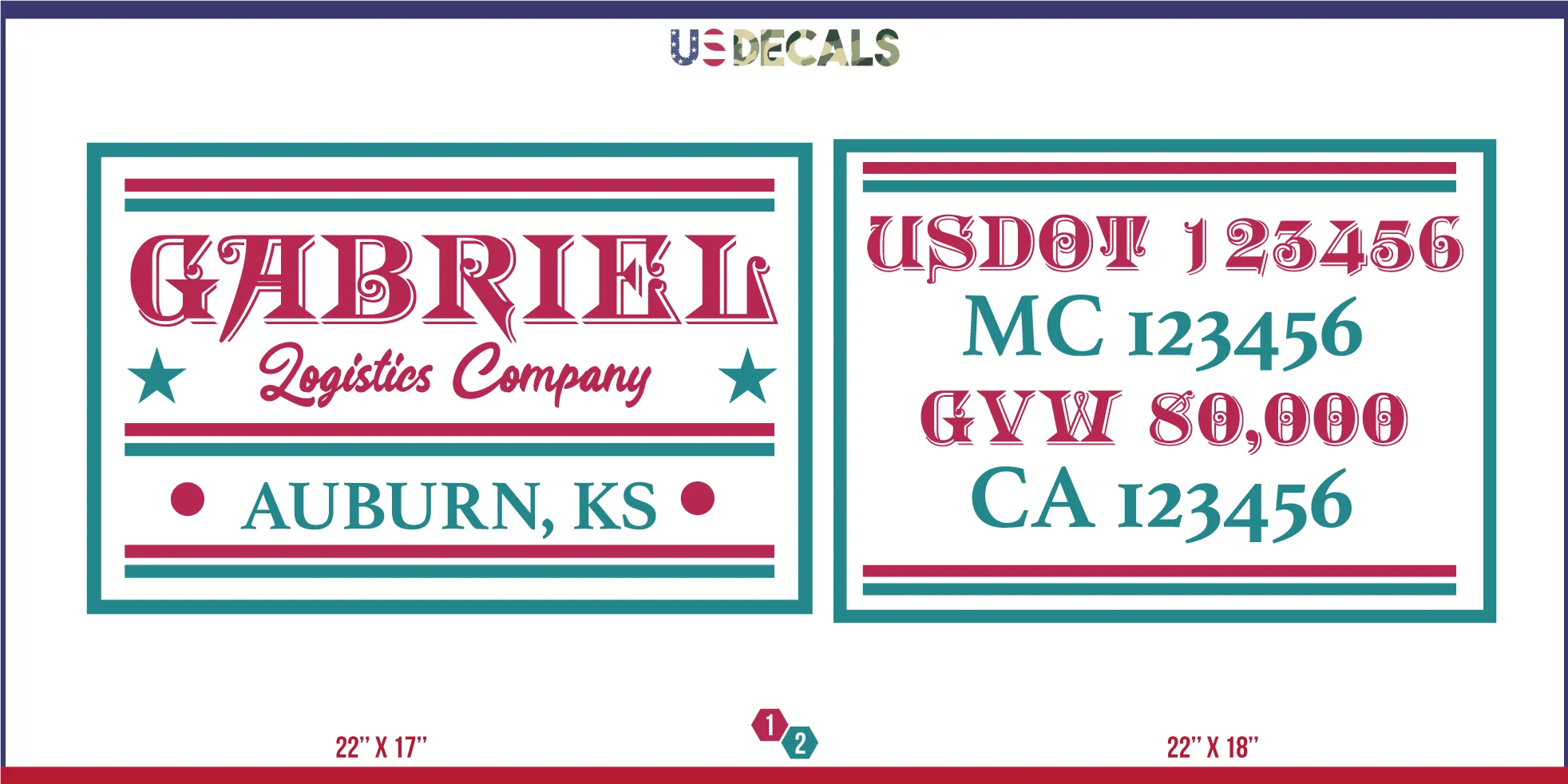 Company Name 2 Lines   5 Location Or Regulation Numbers Truck Lettering Decal (USDOT, MC, GVW, CA), 2 Pack
