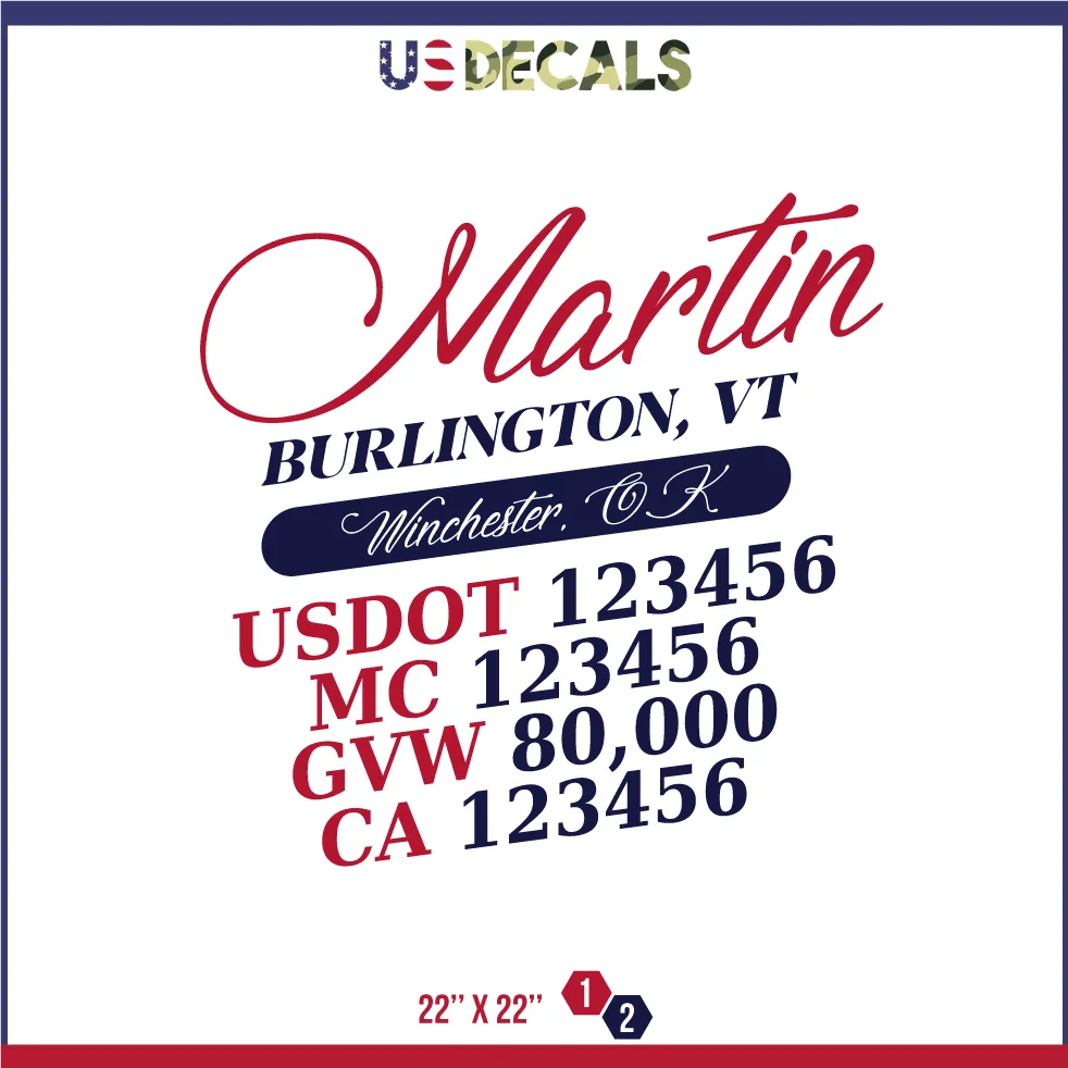 Company Name 2 Lines   5 Location Or Regulation Numbers Truck Lettering Decal (USDOT, MC, GVW, CA), 2 Pack