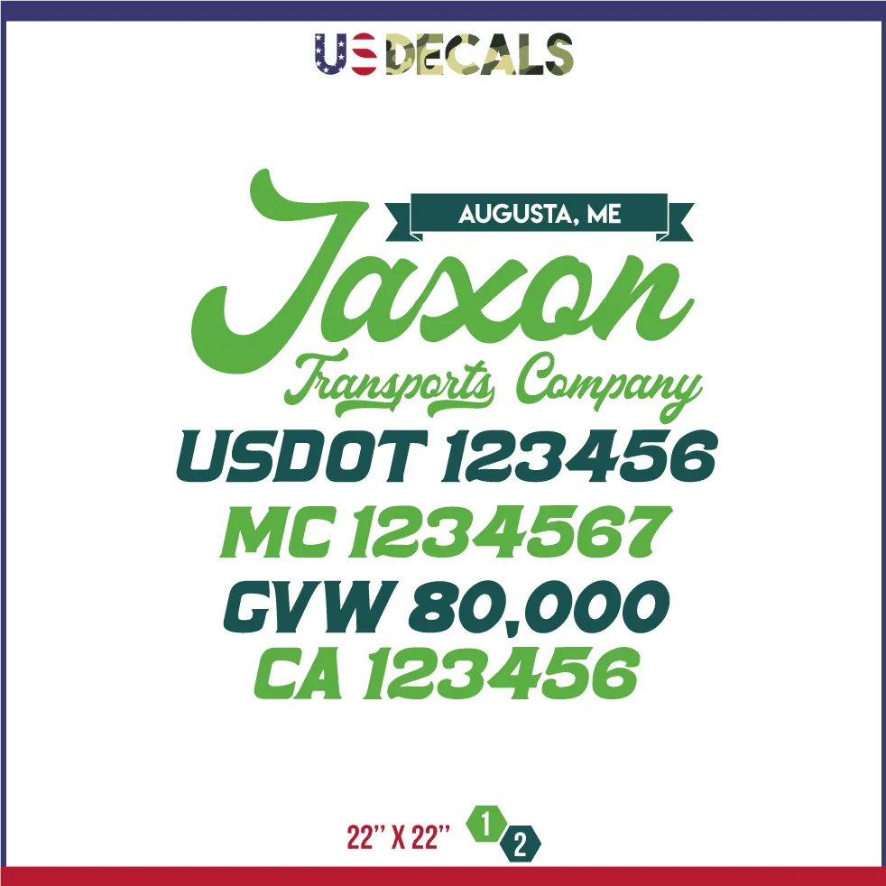 Company Name 2 Lines   5 Location Or Regulation Numbers Truck Lettering Decal (USDOT, MC, GVW, CA), 2 Pack