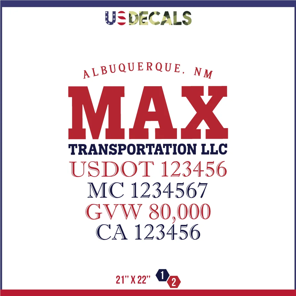 Company Name 2 Lines   5 Location Or Regulation Numbers Truck Lettering Decal (USDOT, MC, GVW, CA), 2 Pack