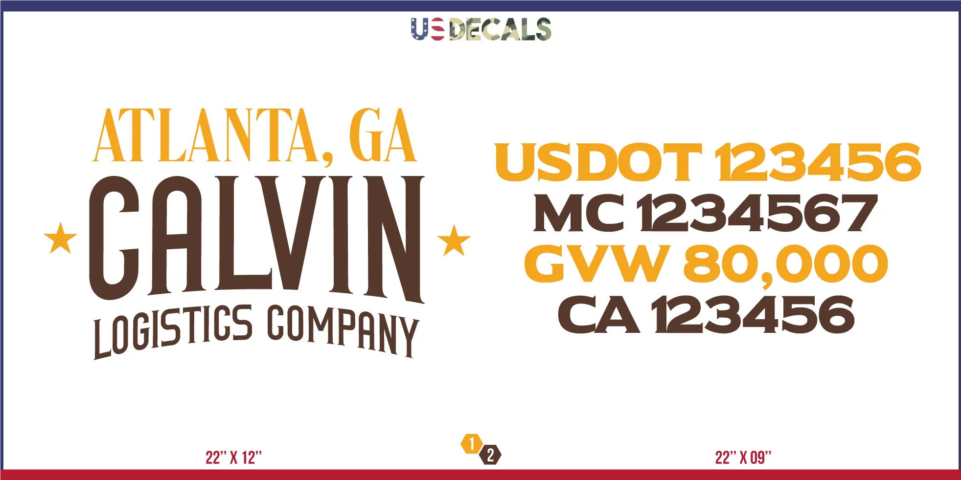 Company Name 2 Lines   5 Location Or Regulation Numbers Truck Lettering Decal (USDOT, MC, GVW, CA), 2 Pack