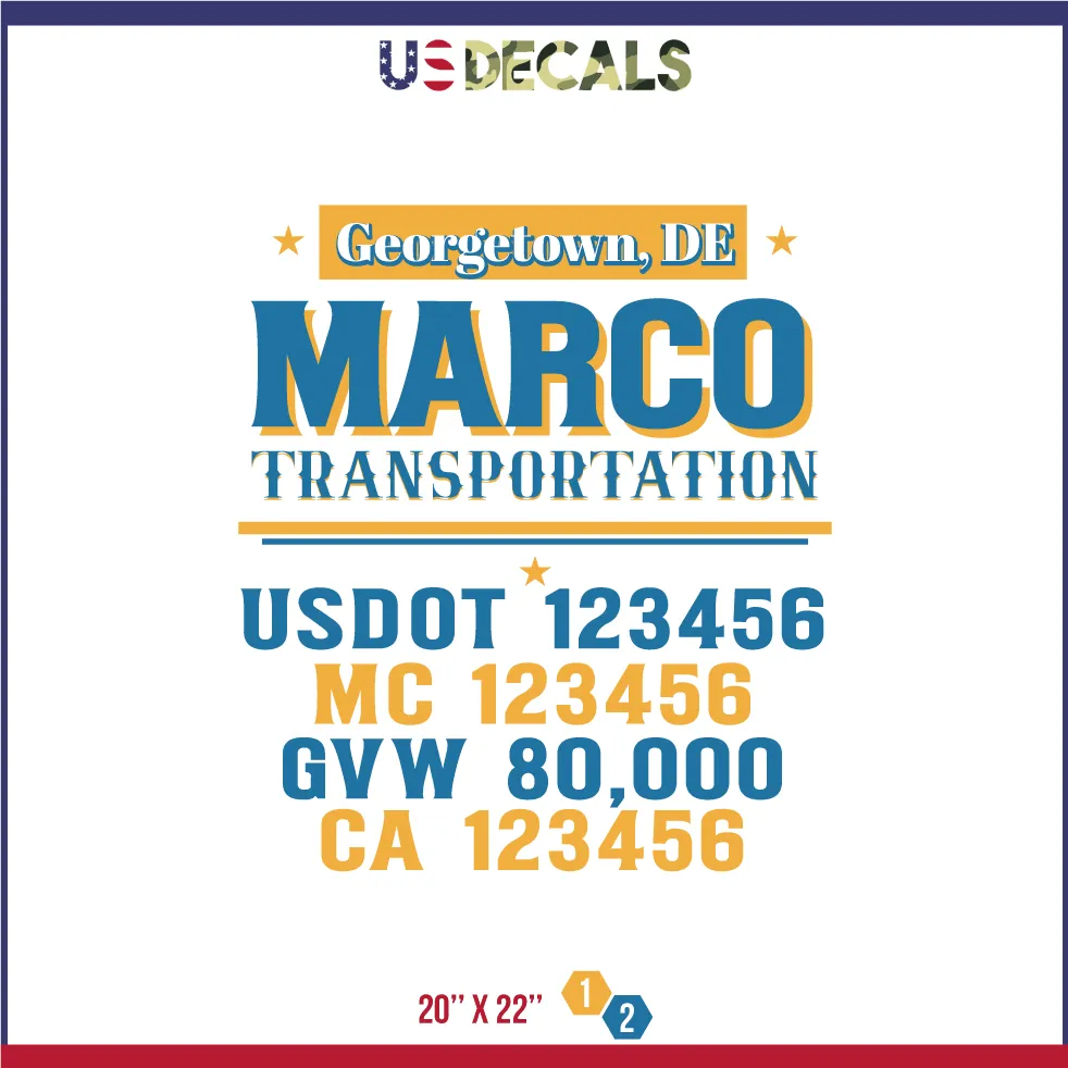Company Name 2 Lines   5 Location Or Regulation Numbers Truck Lettering Decal (USDOT, MC, GVW, CA), 2 Pack