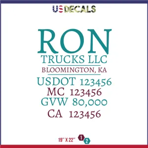 Company Name 2 Lines   5 Location Or Regulation Numbers Truck Lettering Decal (USDOT, MC, GVW, CA), 2 Pack