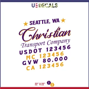 Company Name 2 Lines   5 Location Or Regulation Numbers Truck Lettering Decal (USDOT, MC, GVW, CA), 2 Pack