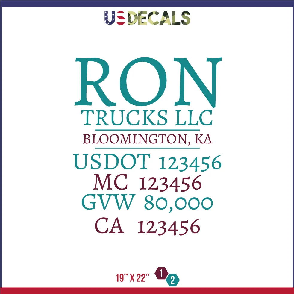Company Name 2 Lines   5 Location Or Regulation Numbers Truck Lettering Decal (USDOT, MC, GVW, CA), 2 Pack