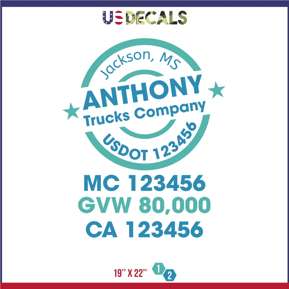 Company Name 2 Lines   5 Location Or Regulation Numbers Truck Lettering Decal (USDOT, MC, GVW, CA), 2 Pack