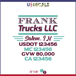 Company Name 2 Lines   5 Location Or Regulation Numbers Truck Lettering Decal (USDOT, MC, GVW, CA), 2 Pack