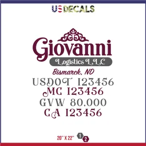 Company Name 2 Lines   5 Location Or Regulation Numbers Truck Lettering Decal (USDOT, MC, GVW, CA), 2 Pack