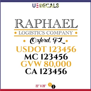 Company Name 2 Lines   5 Location Or Regulation Numbers Truck Lettering Decal (USDOT, MC, GVW, CA), 2 Pack