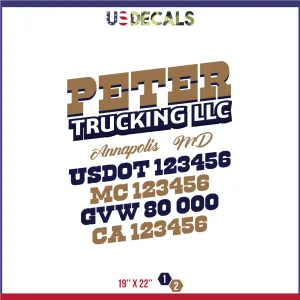 Company Name 2 Lines   5 Location Or Regulation Numbers Truck Lettering Decal (USDOT, MC, GVW, CA), 2 Pack