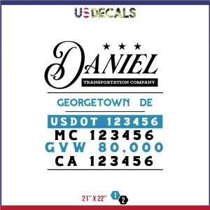 Company Name 2 Lines   5 Location Or Regulation Numbers Truck Lettering Decal (USDOT, MC, GVW, CA), 2 Pack