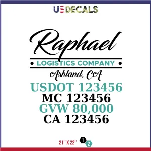 Company Name 2 Lines   5 Location Or Regulation Numbers Truck Lettering Decal (USDOT, MC, GVW, CA), 2 Pack