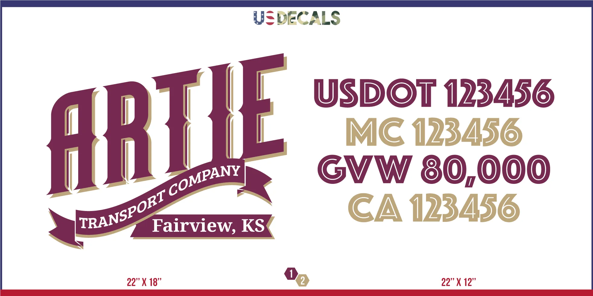 Company Name 2 Lines   5 Location Or Regulation Numbers Truck Lettering Decal (USDOT, MC, GVW, CA), 2 Pack