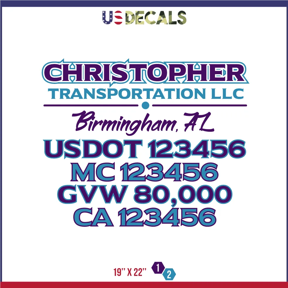 Company Name 2 Lines   5 Location Or Regulation Numbers Truck Lettering Decal (USDOT, MC, GVW, CA), 2 Pack