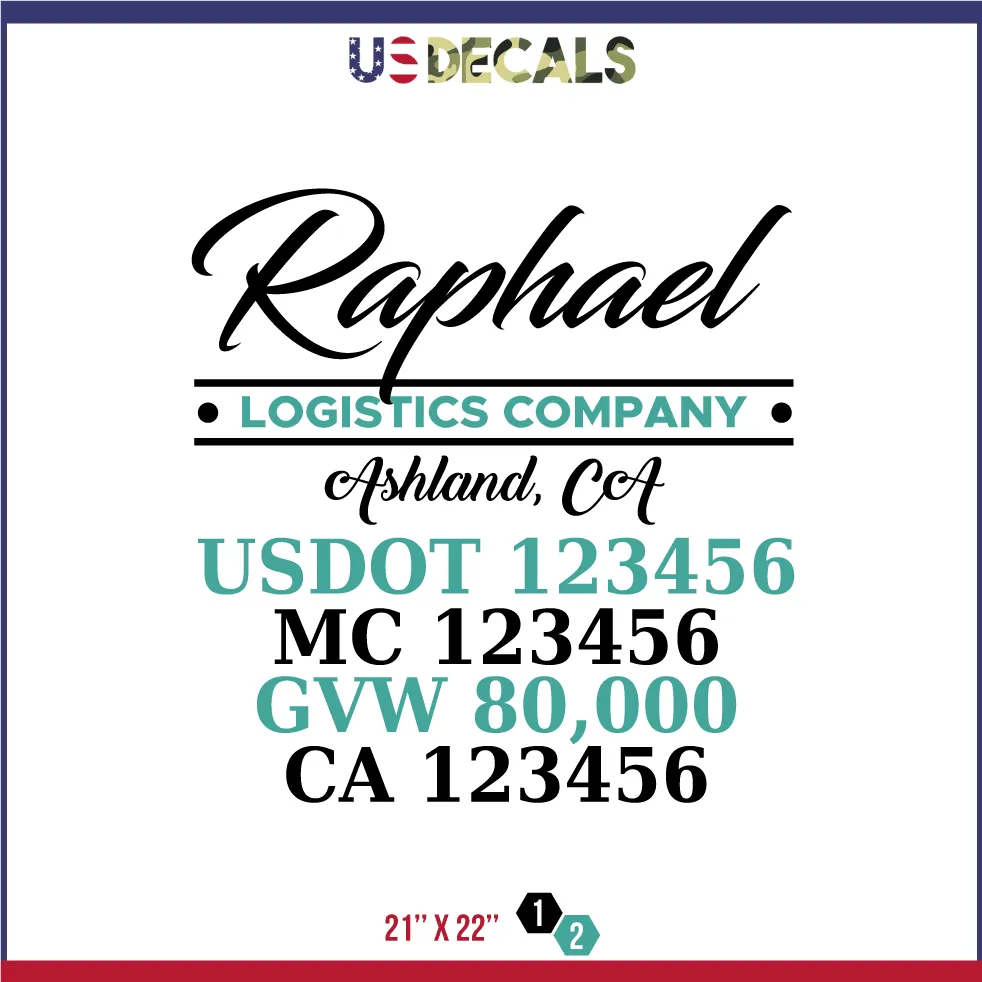 Company Name 2 Lines   5 Location Or Regulation Numbers Truck Lettering Decal (USDOT, MC, GVW, CA), 2 Pack