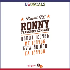 Company Name 2 Lines   5 Location Or Regulation Numbers Truck Lettering Decal (USDOT, MC, GVW, CA), 2 Pack