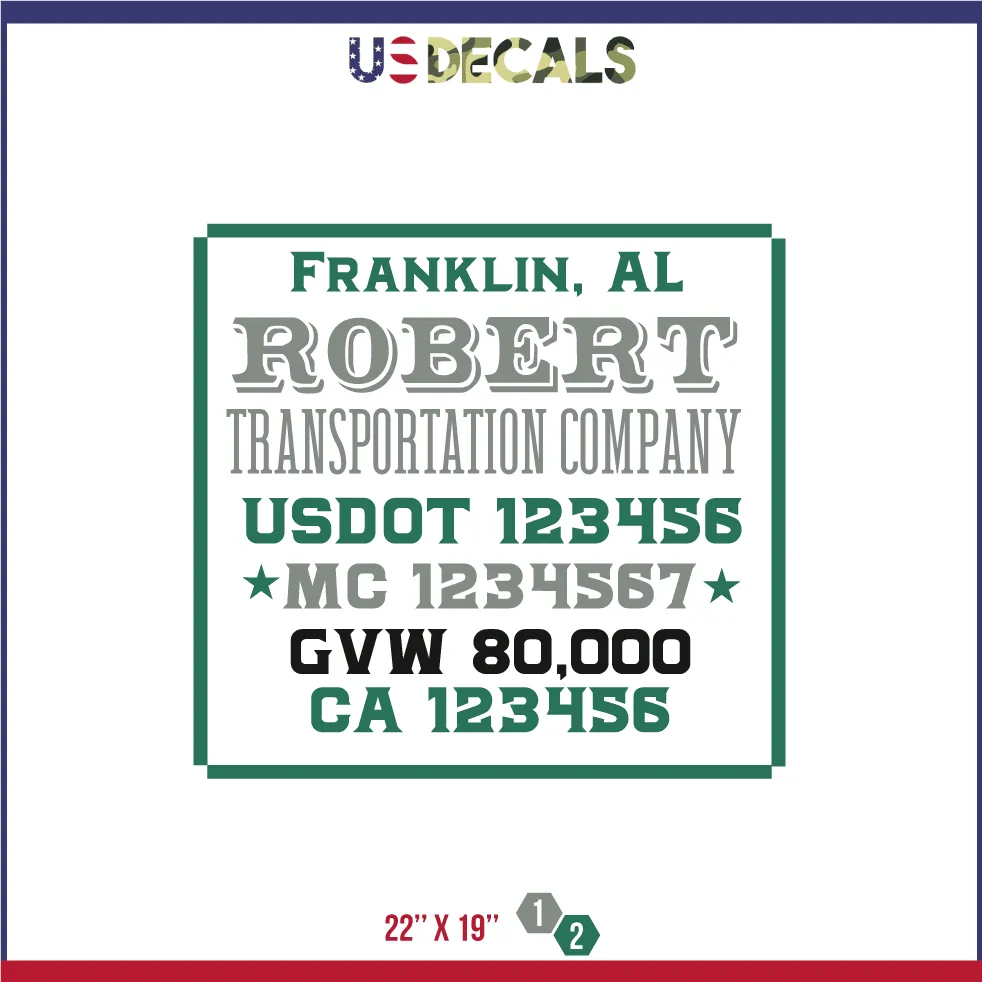 Company Name 2 Lines   5 Location Or Regulation Numbers Truck Lettering Decal (USDOT, MC, GVW, CA), 2 Pack