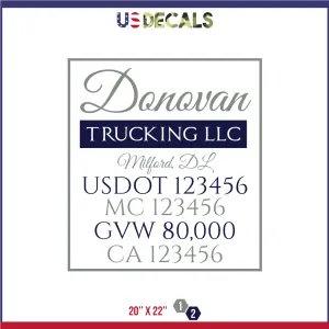 Company Name 2 Lines   5 Location Or Regulation Numbers Truck Lettering Decal (USDOT, MC, GVW, CA), 2 Pack