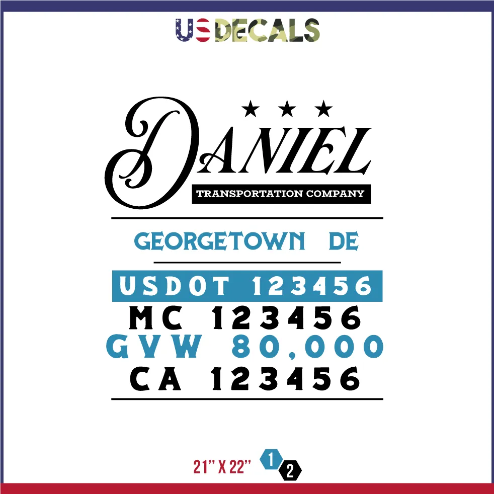 Company Name 2 Lines   5 Location Or Regulation Numbers Truck Lettering Decal (USDOT, MC, GVW, CA), 2 Pack