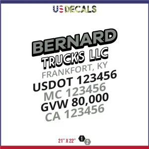 Company Name 2 Lines   5 Location Or Regulation Numbers Truck Lettering Decal (USDOT, MC, GVW, CA), 2 Pack