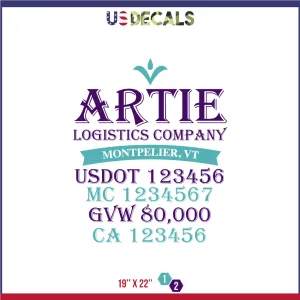 Company Name 2 Lines   5 Location Or Regulation Numbers Truck Lettering Decal (USDOT, MC, GVW, CA), 2 Pack