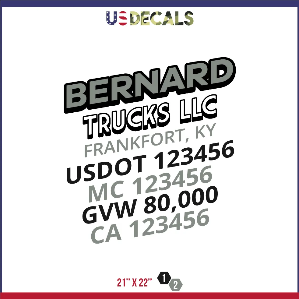 Company Name 2 Lines   5 Location Or Regulation Numbers Truck Lettering Decal (USDOT, MC, GVW, CA), 2 Pack
