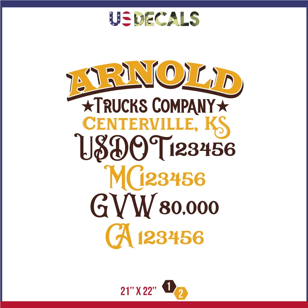 Company Name 2 Lines   5 Location Or Regulation Numbers Truck Lettering Decal (USDOT, MC, GVW, CA), 2 Pack