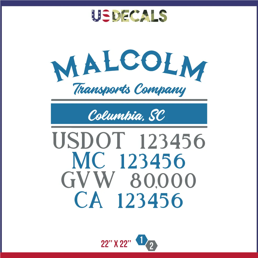 Company Name 2 Lines   5 Location Or Regulation Numbers Truck Lettering Decal (USDOT, MC, GVW, CA), 2 Pack