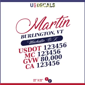 Company Name 2 Lines   5 Location Or Regulation Numbers Truck Lettering Decal (USDOT, MC, GVW, CA), 2 Pack