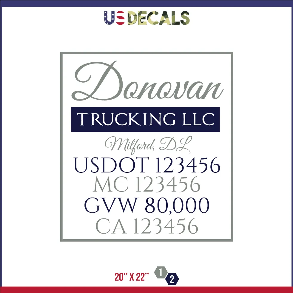 Company Name 2 Lines   5 Location Or Regulation Numbers Truck Lettering Decal (USDOT, MC, GVW, CA), 2 Pack