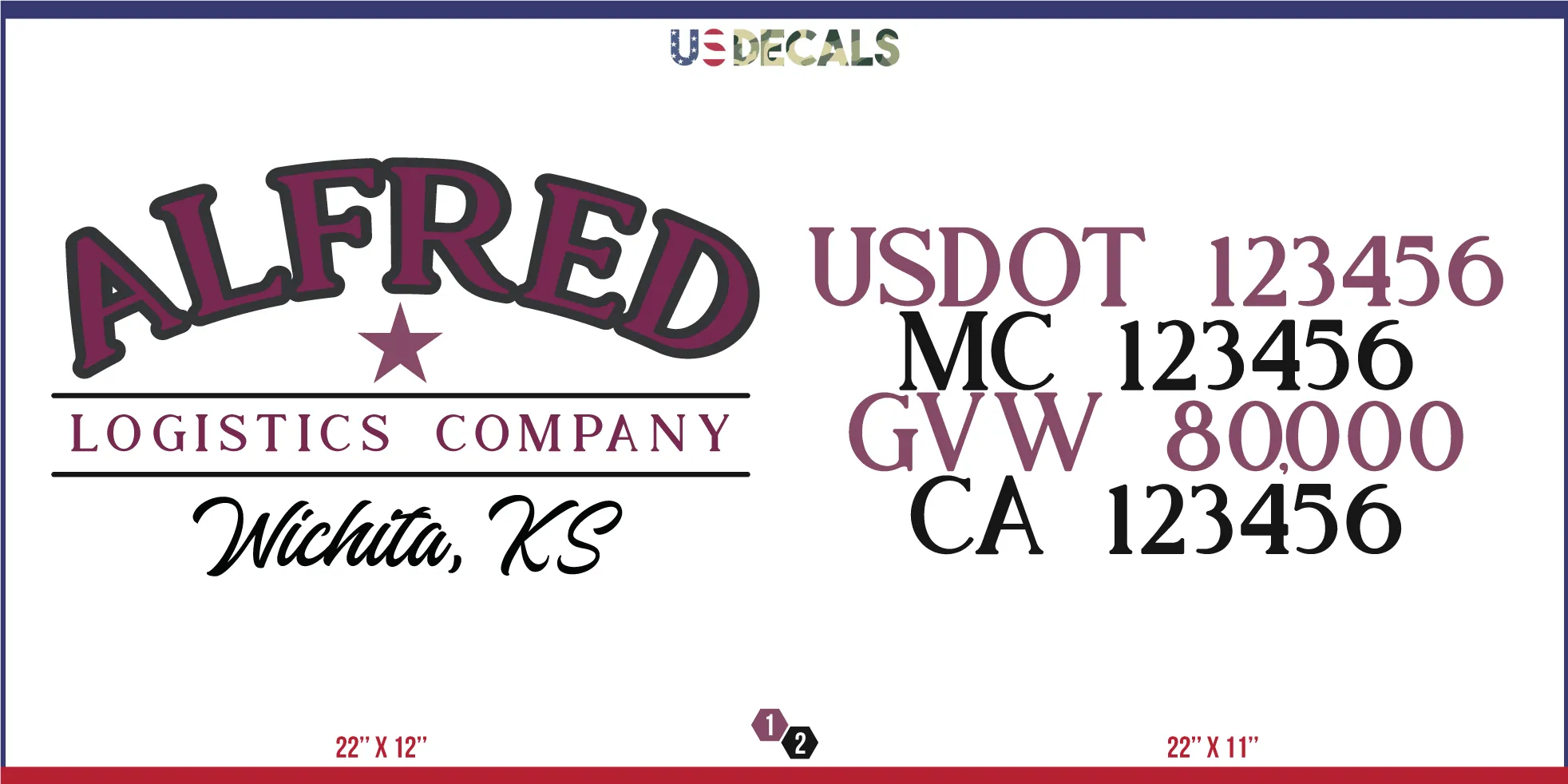 Company Name 2 Lines   5 Location Or Regulation Numbers Truck Lettering Decal (USDOT, MC, GVW, CA), 2 Pack