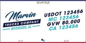 Company Name 2 Lines   5 Location Or Regulation Numbers Truck Lettering Decal (USDOT, MC, GVW, CA), 2 Pack