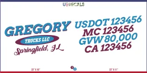 Company Name 2 Lines   5 Location Or Regulation Numbers Truck Lettering Decal (USDOT, MC, GVW, CA), 2 Pack
