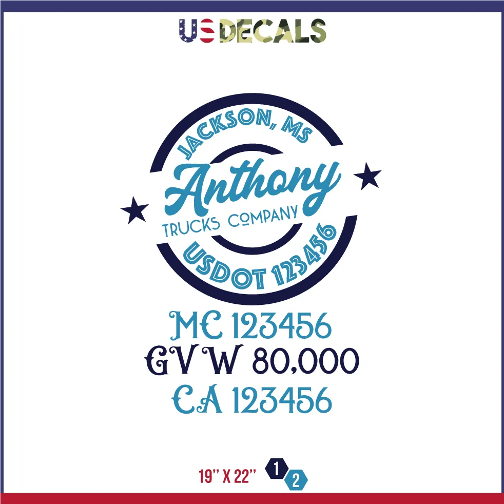 Company Name 2 Lines   5 Location Or Regulation Numbers Truck Lettering Decal (USDOT, MC, GVW, CA), 2 Pack