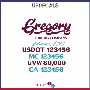 Company Name 2 Lines   5 Location Or Regulation Numbers Truck Lettering Decal (USDOT, MC, GVW, CA), 2 Pack