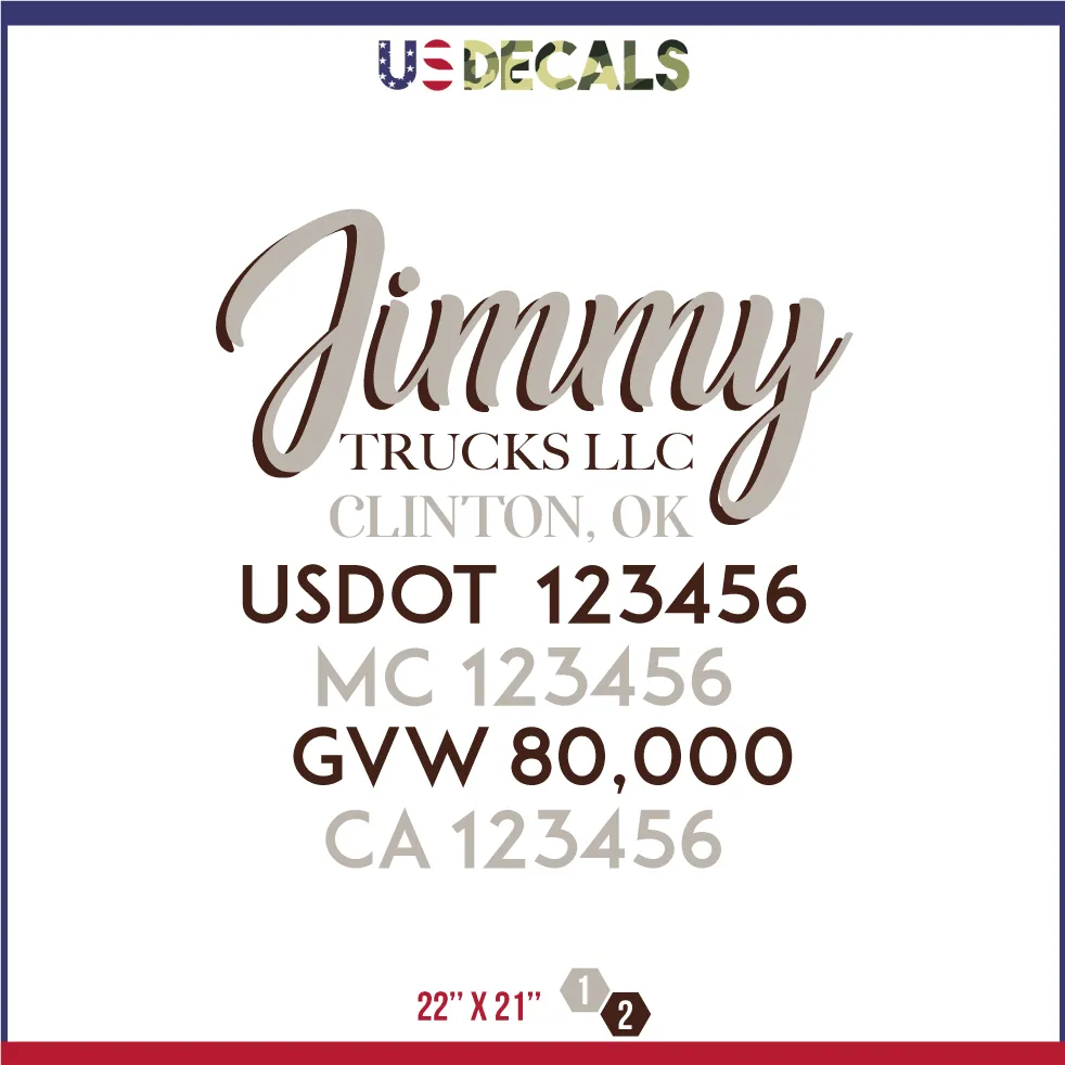 Company Name 2 Lines   5 Location Or Regulation Numbers Truck Lettering Decal (USDOT, MC, GVW, CA), 2 Pack
