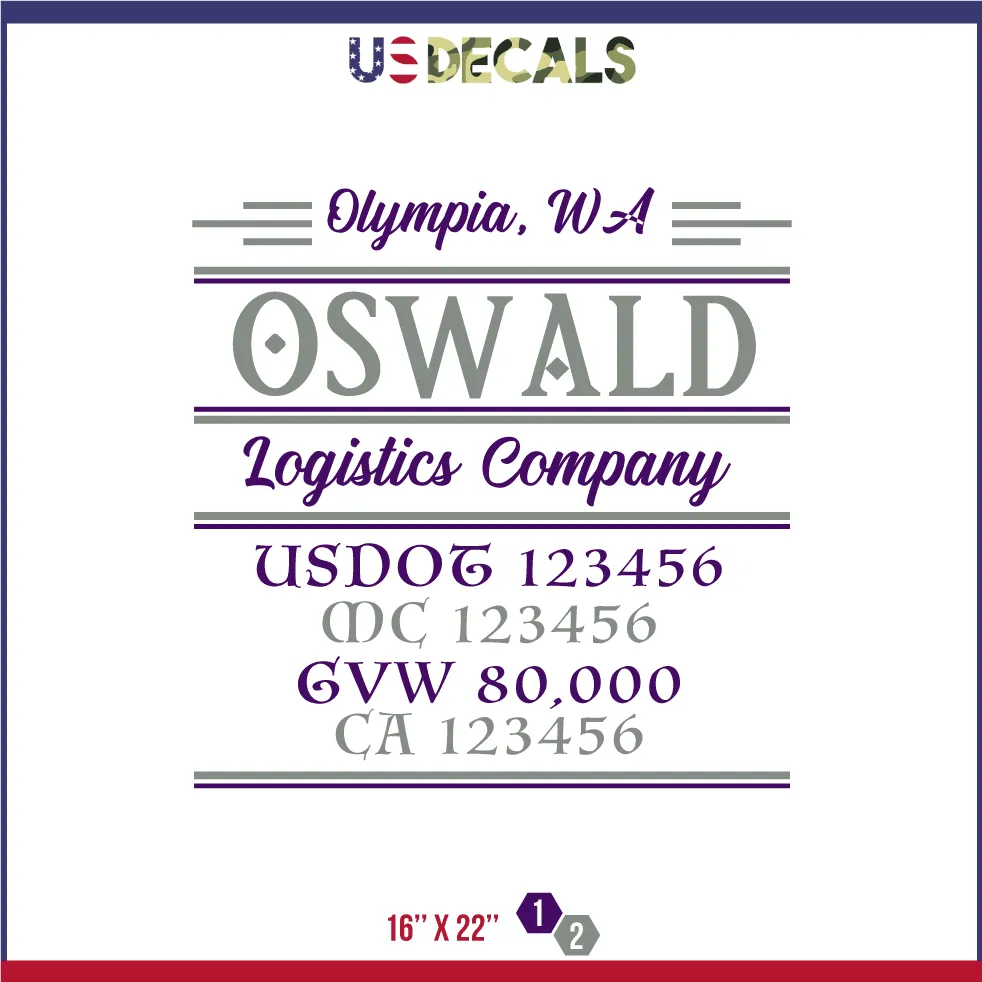 Company Name 2 Lines   5 Location Or Regulation Numbers Truck Lettering Decal (USDOT, MC, GVW, CA), 2 Pack