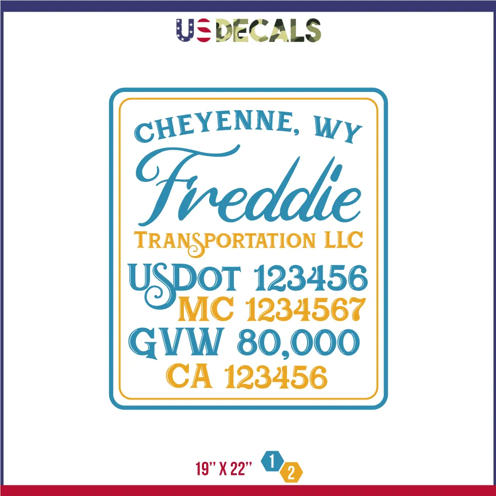 Company Name 2 Lines   5 Location Or Regulation Numbers Truck Lettering Decal (USDOT, MC, GVW, CA), 2 Pack