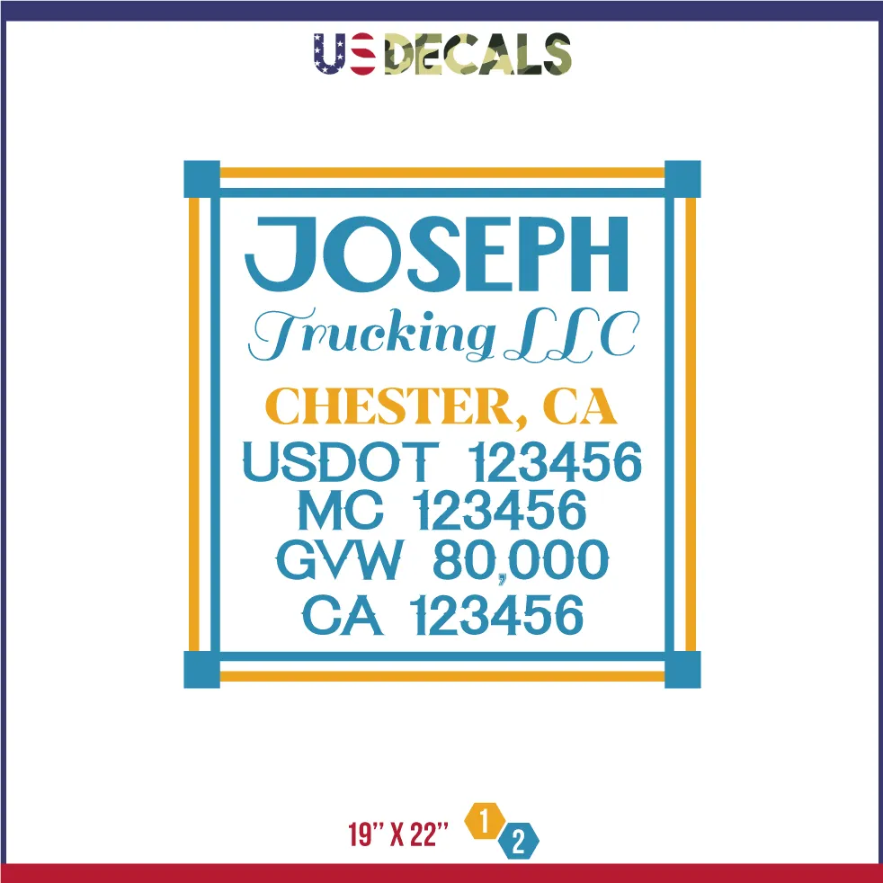 Company Name 2 Lines   5 Location Or Regulation Numbers Truck Lettering Decal (USDOT, MC, GVW, CA), 2 Pack
